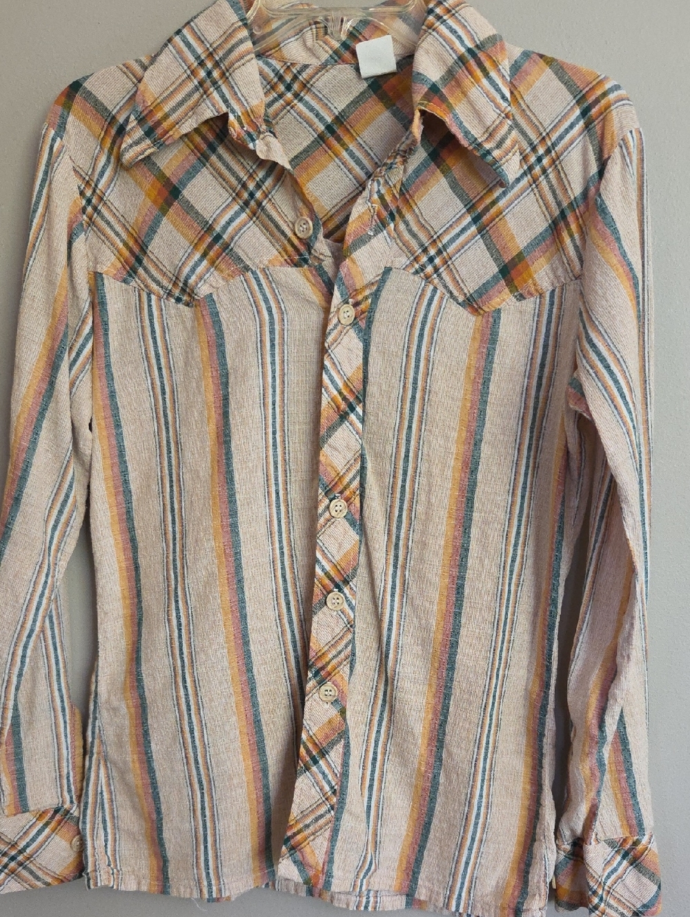 VTG Striped Button-Up Shirt in peach, Green  & Mustard